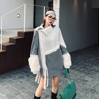 

2019 Autumn and Winter New Style Lapel Color Blocking Lamb Wool Sleeve Cardigan Set with Two Knitwear Plus Size Cardigan Women