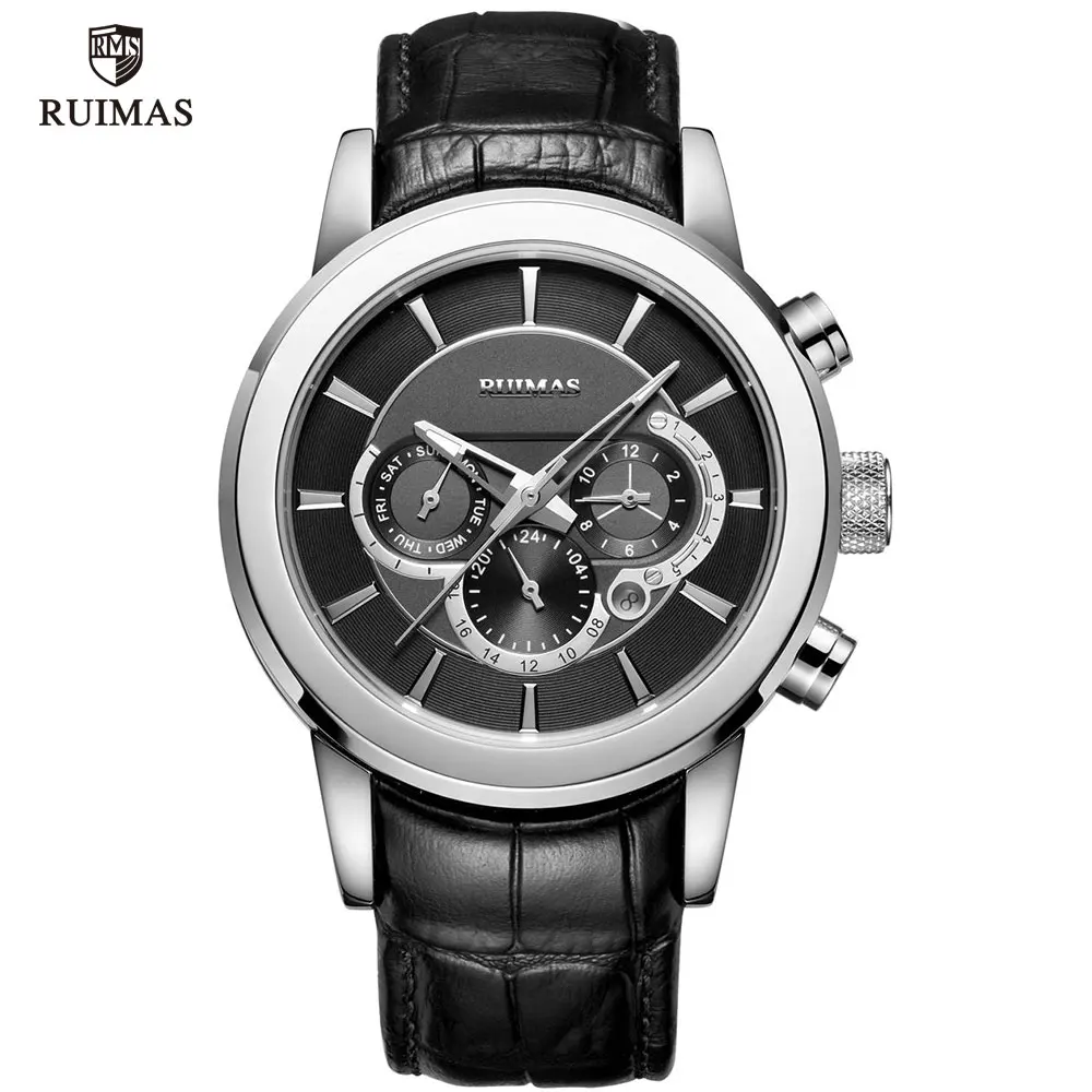 RUIMAS Men's Leather Chronograph Watches Waterproof Quartz Wristwatch Man Luxury Top Brand Sports Watch Relogios Masculino 6767 - Цвет: RL6767G-Silver black