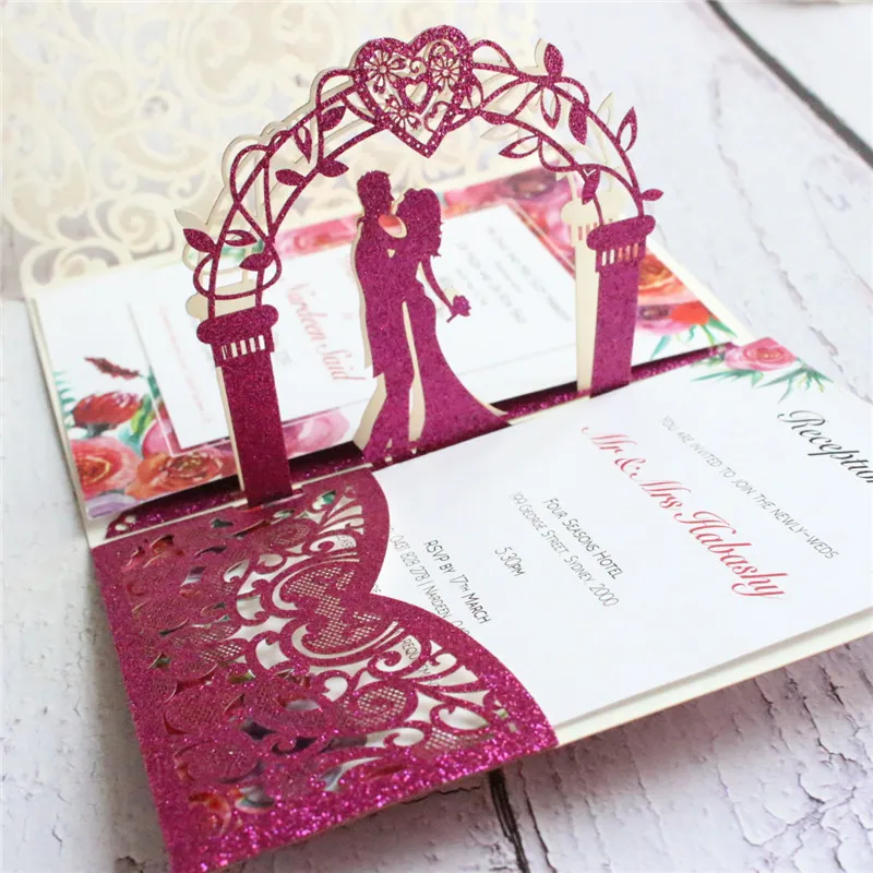 glitter fuchsia Блестящие золотые всплывающие приглашения для свадьбы в деревенском стиле открытки для девичника персонализированные приглашения - Цвет: glitter fuchsia