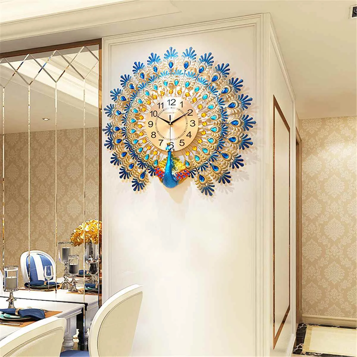 Metal Design 23.7 inch Large Peacock Wall Clock Non-Ticking Digital Wall Clocks for Living Room Decor