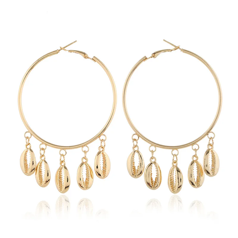 

2019 Women Earrings Circle Statement Earrings Natural Shell Gold Color Metal Shell Earring Exaggerated Tassel Beach Jewelry