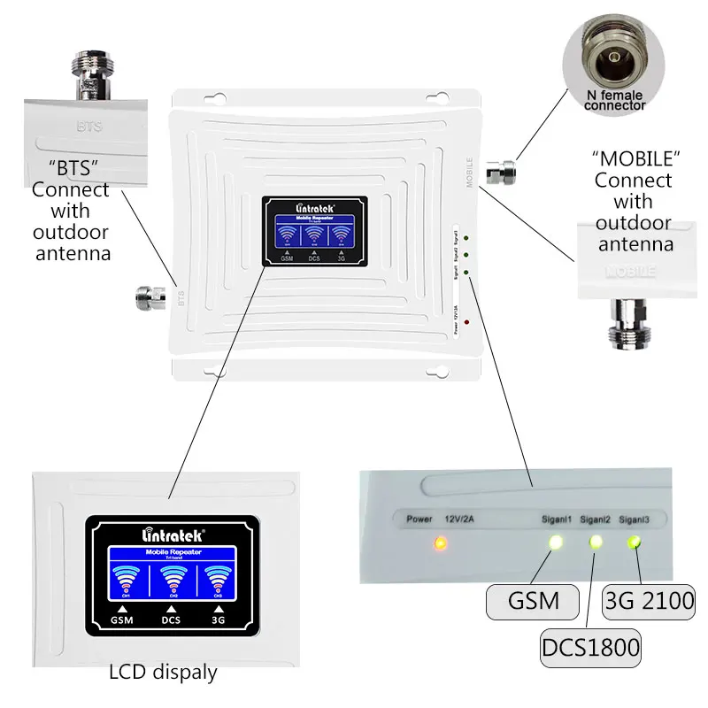 Усилитель сигнала Lintratek Tri Band Сотовый ретранслятор усилитель 900 1800 2100 GSM DCS WCDMA 2G 3G 4G