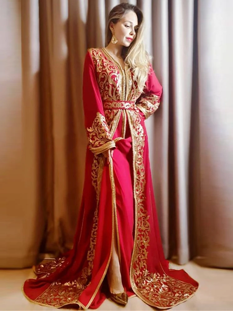 LORIE Dubai Red Evening Dresses Moroccan Caftan Elegant Gold Lace Appliques Beading Formal Prom Party Celebrity Gown Long Sleeve 2