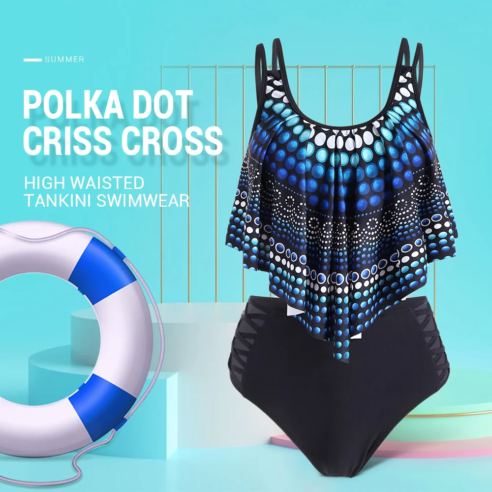Polka Dot Criss Cross High Waisted Tankini Swimwear
