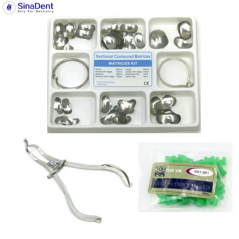 

Dental 100Pcs Full Kit Dental Matrix Sectional Contoured Matrices +40 Pcs Silicone Add-On Wedges for Dentistry