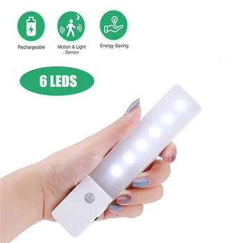 

Wireless USB Rechargeable Under Cabinet Light PIR Motion Sensor 6 LEDs Closet Lighting Night Lamp For Cupboard Bedroom Stairs
