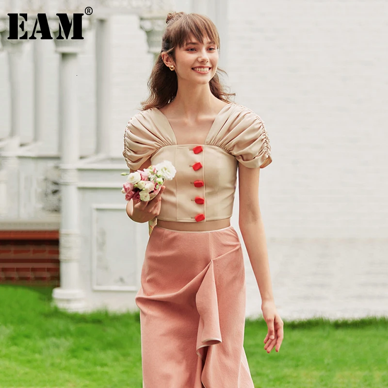 

[EAM] Women Pleated Button backless Blouse New Square Collar Short Sleeve Loose Fit Shirt Fashion Tide Spring Autumn 2019 1B140