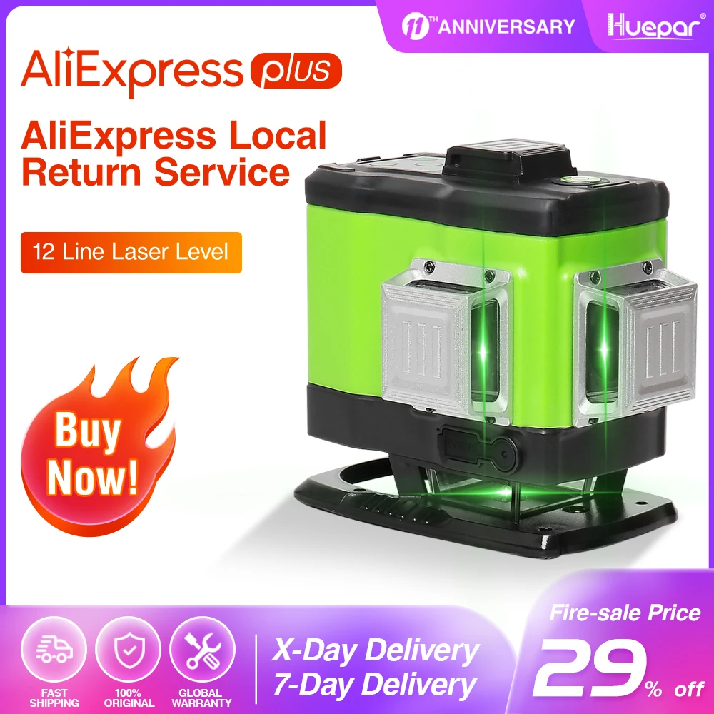 Huepar 3D Self-leveling Laser Level 3x360 Green Beam Cross Line 360° Vertical Horizontal Line Remote Control & Hard Carry Case
