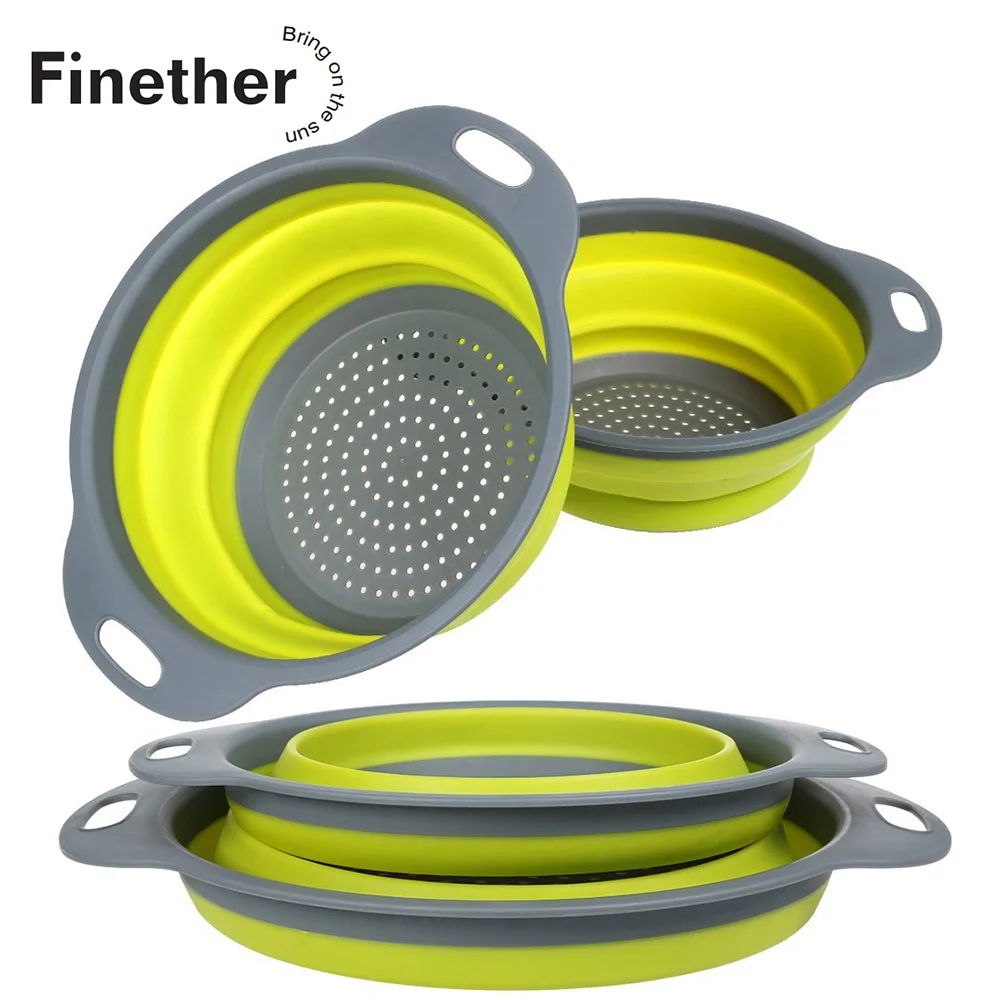 Finether 3-color Folding Washing Drain Basket Kitchen Collapsible Silicone Colander Fruit Vegetable Strainer Supplies |