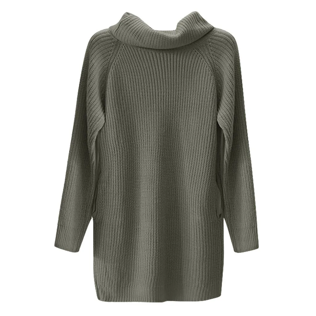 Серый Длинный свитер женский осень зима Повседневный большой размер Высокий воротник свободный карман пуловер элегантный джемпер туника с открытым плечом Топы - Цвет: Серый