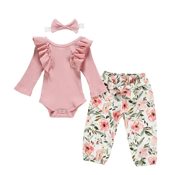 

Autumn Baby Girl Long Sleeve Romper Tops Floral Trousers Headband Casual Outfits Clothes New Arrival