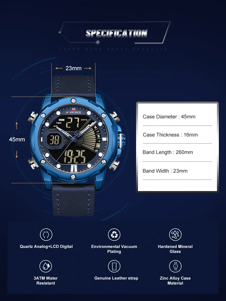 NAVIFORCE спортивные кварцевые часы с двойным временем для мужчин лучший бренд класса люкс Авто Дата аналоговые цифровые часы для мужчин военные мужские часы водонепроницаемые