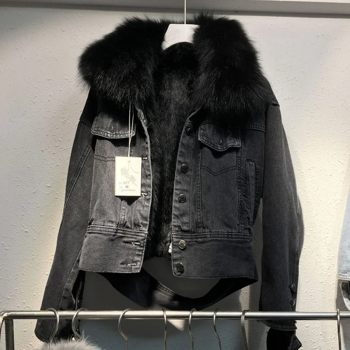Женское новое зимнее корейское пальто стиль негабаритный меховой воротник и съемная подкладка из кроличьего меха короткая тонкая джинсовая куртка - Цвет: Black