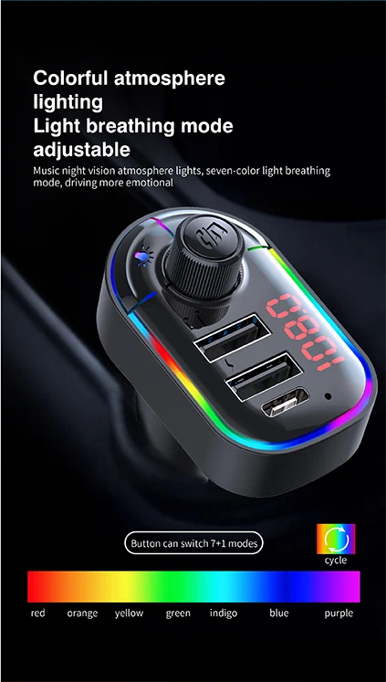 Bluetooth 5.0 FM Transmitter Car Kit MP3 Modulator Player Wireless Handsfree Audio Receiver Dual USB Fast Charger Ambient Light