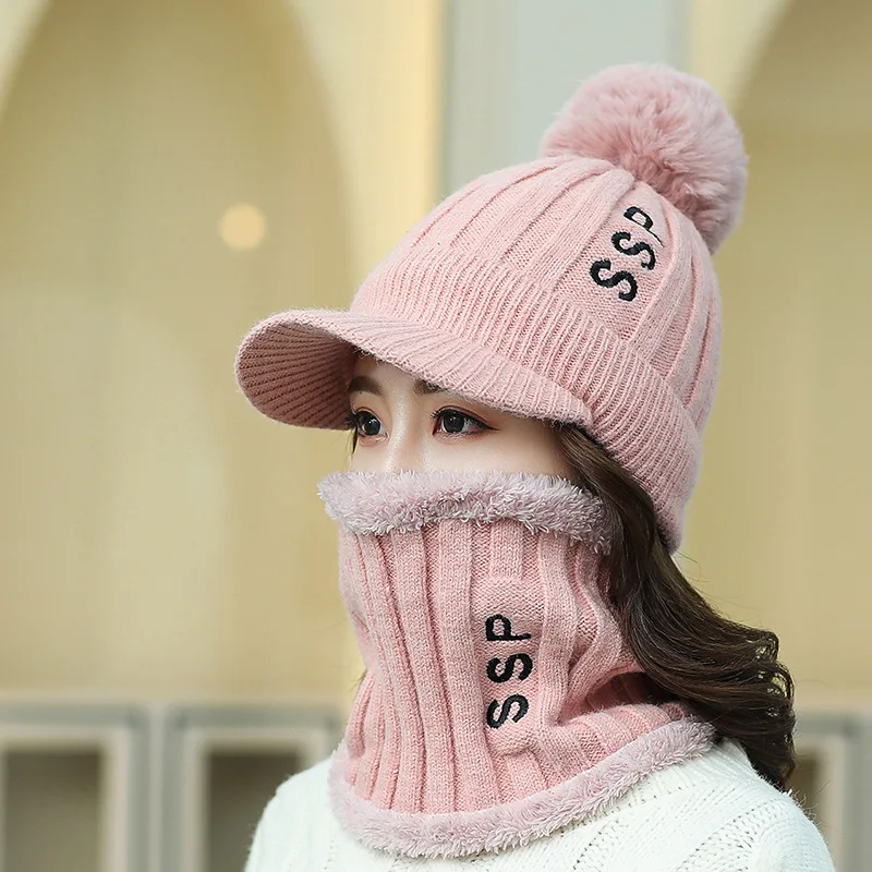 pink Женская шапка и набор шарфов, Зимняя шерстяная шапка с косичками, зимние шапки для женщин, шарф, теплая шапка из трех частей, зимняя женская шапка - Цвет: pink