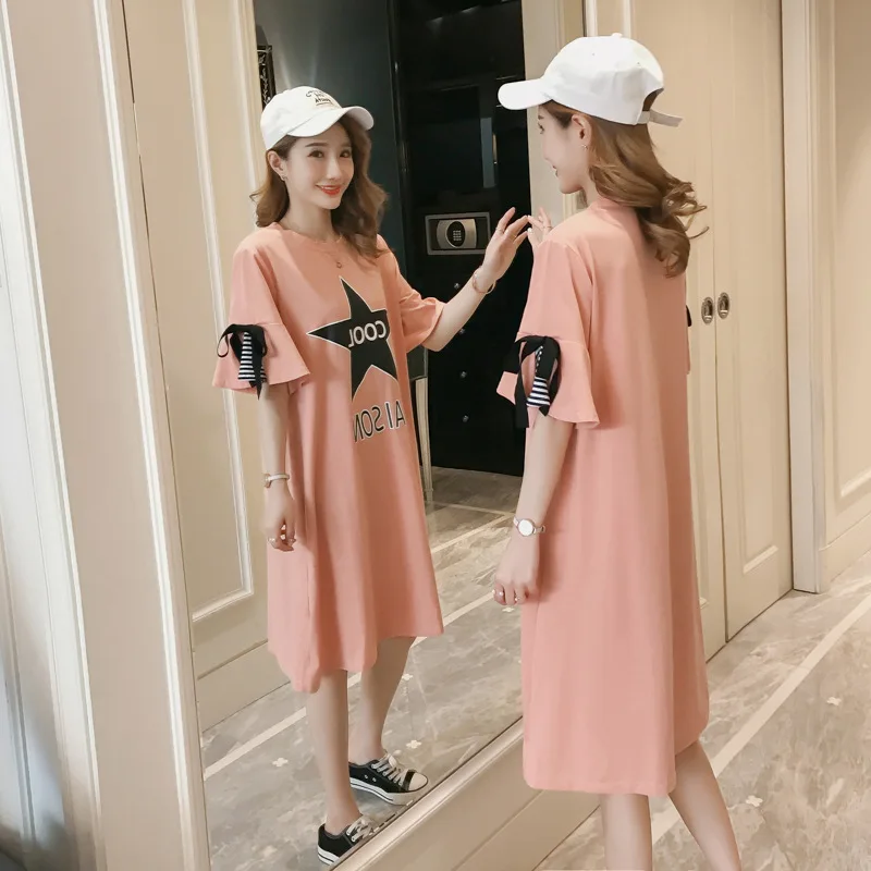 

2019 Summer Maternity Clothes Fashion Korean-style Pregnant Women Short Sleeve T-shirt Skirt Loose And Plus-sized Dress Modal Fa