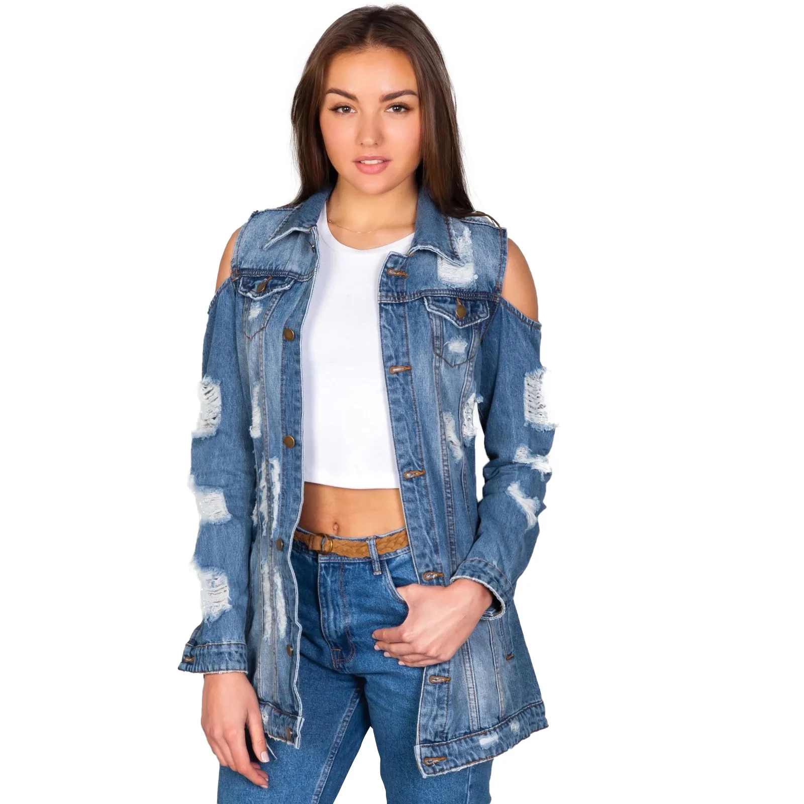 Blue Женская джинсовая куртка с дырками, с вырезами на плечах, на пуговицах, облегающее джинсовое пальто, уличная одежда с длинным рукавом размера плюс, пальто - Цвет: Blue