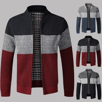 

New Men Patchwork Wool Cardigan Autumn Winter Sweater Jumper Men Winter Striped Pocket Knitted Outwear Coat Men Sweatercoats