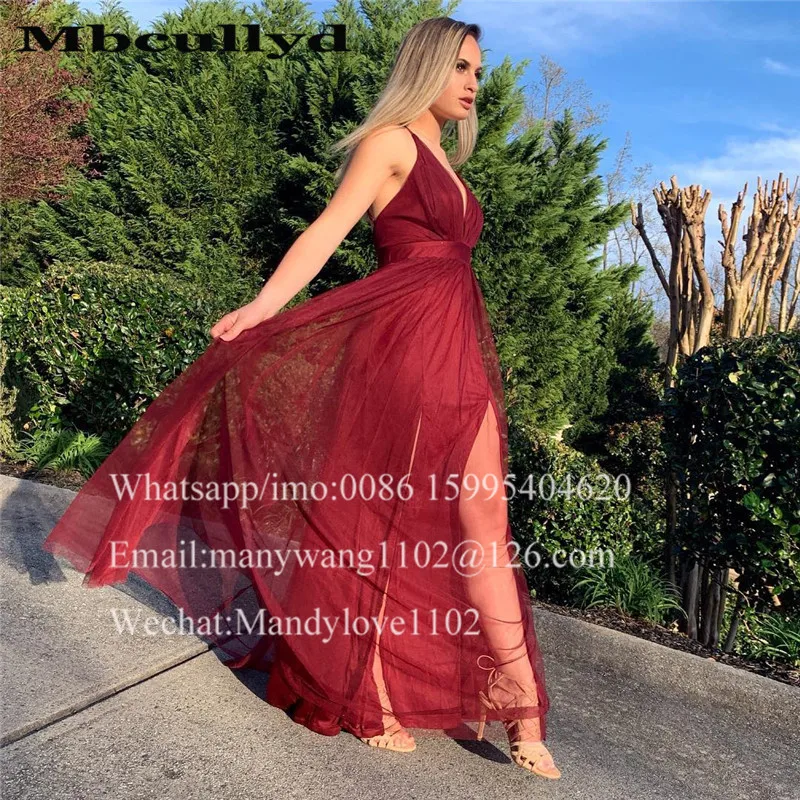 Mbcullyd High split Burgundy Prom Dresses Long Sexy V-neck Tull Evening Dress Pageant For Women Cheap Vestidos De Gala