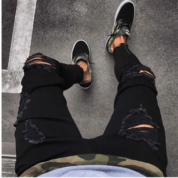 

Fashion Solid White Jeans Men Sexy Ripped Hole Distresses Washed Skinny Jeans Male Casual Outerwear Hip Hop Pants 2019 S-4XL