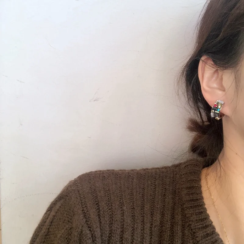 MENGJIQIAO, новинка,, винтажные цветные стразы, маленькие серьги-кольца для женщин, модные, С-образные полукруглые подвески, ювелирные изделия