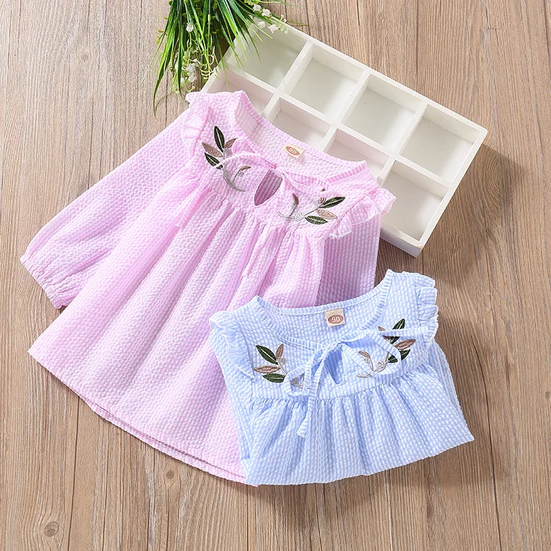 

2019 Girls Autumn And Winter Shirt Korean-style Stripes Cotton Embroidery Fashion Long-sleeved T-shirt Children dan shan