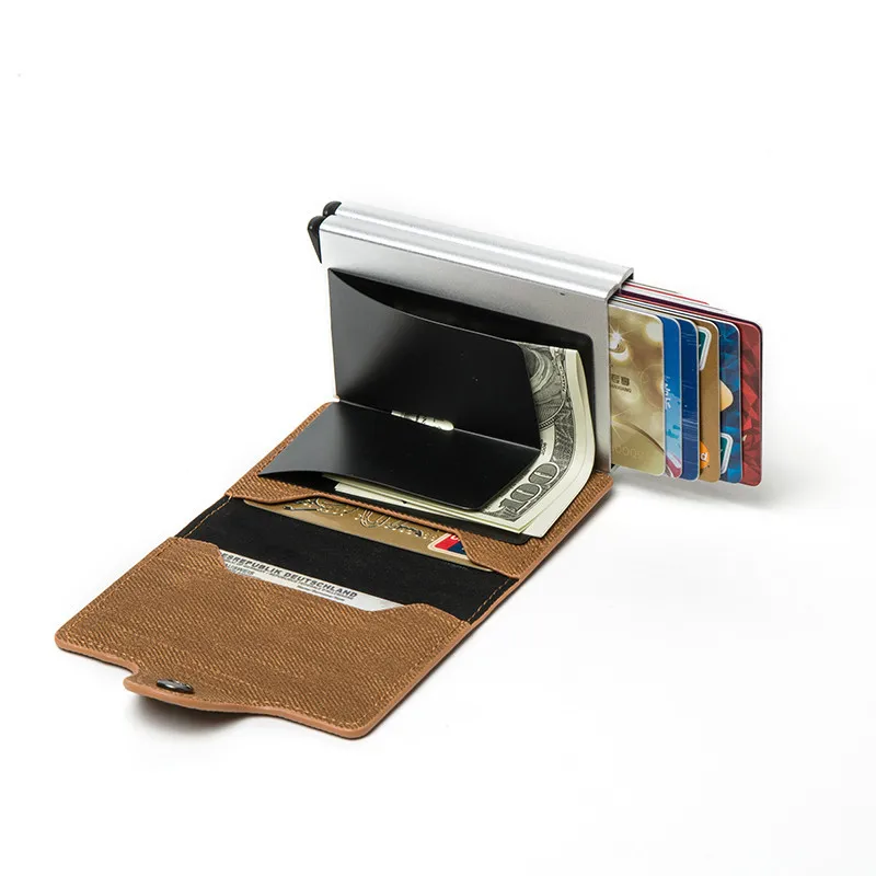 Bycobecy RFID блокирующий держатель для карт противоугонные двойные коробки высокого качества бумажник для карт джинсовый модный всплывающий металлический чехол для ID