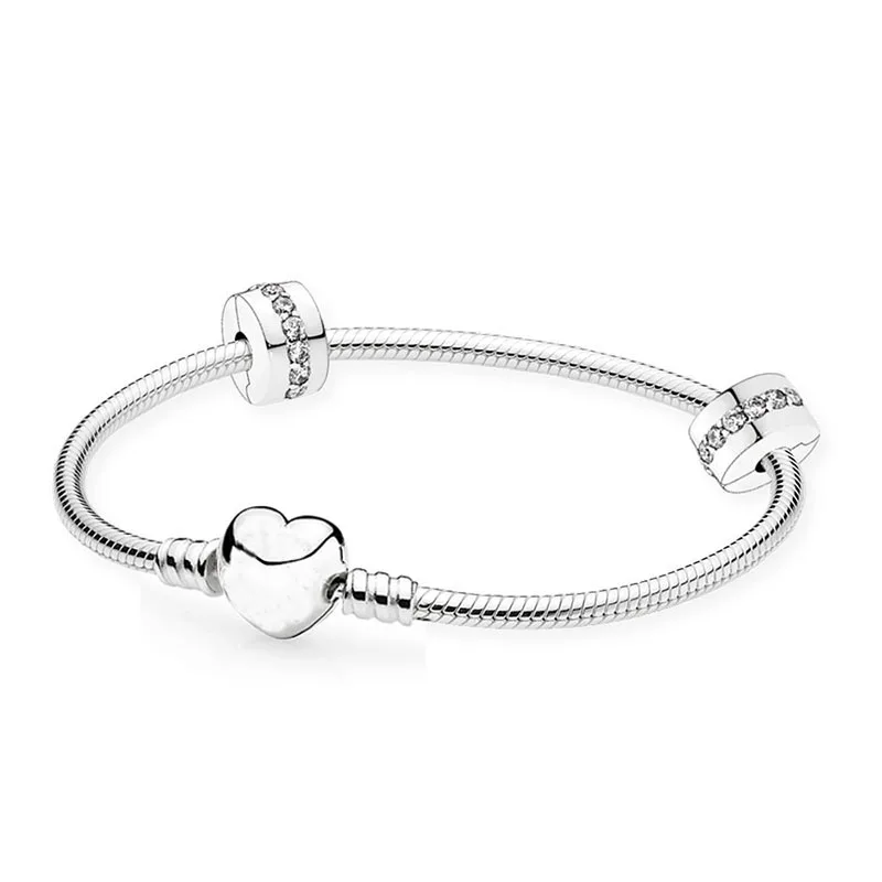 

925 Sterling Silver Clip Charm Fit Original Pans Shining Crystal Heart Snake Chain Bracelet Set for Women DIY Jewelry Gift