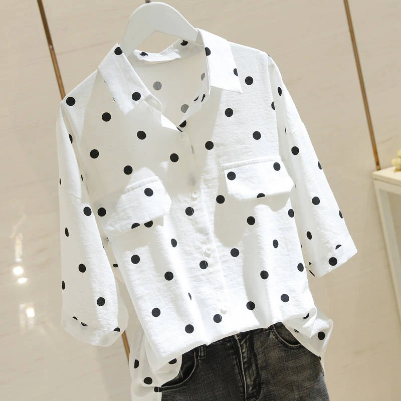 plus size white blouse with black polka dots