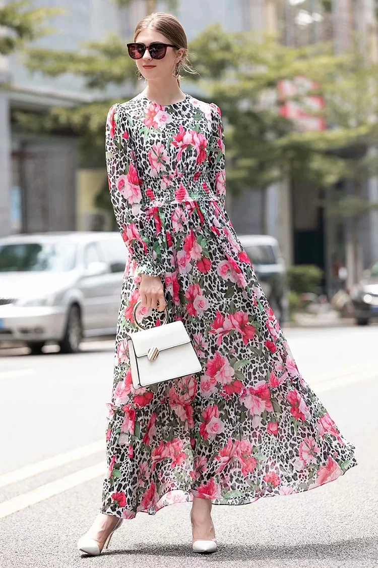 AELESEEN/ Новые Модные осенние леопардовые платья для женщин, элегантное платье с рукавами-лепестками и эластичной резинкой на талии, винтажное длинное платье с цветочным принтом розы