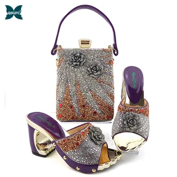 

Purple Color Italian design Woman High Heels Sandals And Matching Bag Set For Party African Woman Shoes And Bag To Match Set