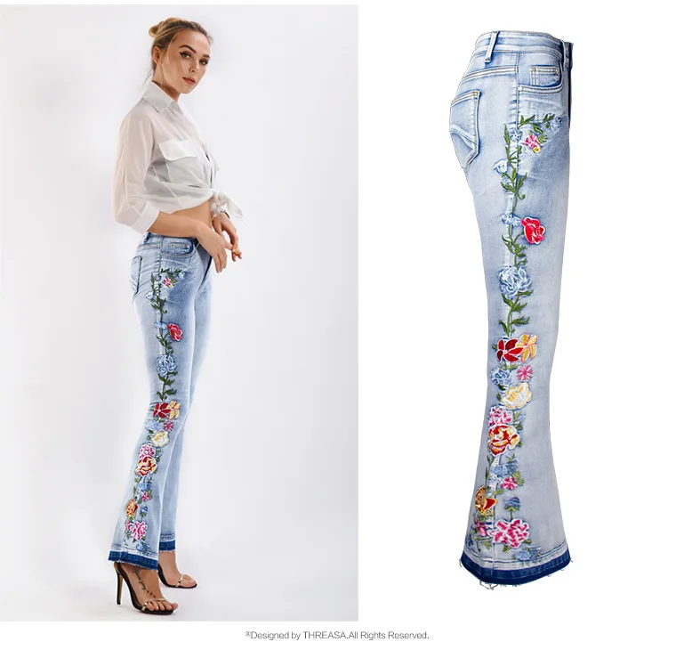 Расклешенные женские джинсы в европейском и американском стиле с объемной вышивкой, женские джинсы, брюки-клеш, большая женская одежда