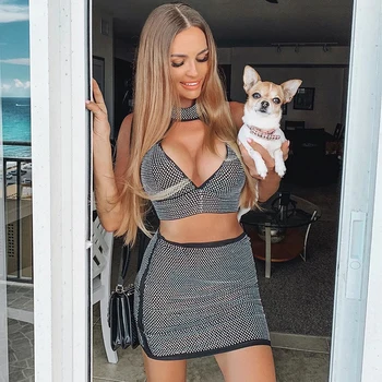 

Bling Hot Drilling Two Piece Set Halter Deep V-Neck Backless Crop Tops Tight Mini Skirt Summer Sexy Night Party Club Outfits