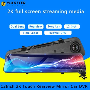 

YLKGTTER 2K 12Inch Touch Screen Car Dvr Stream Media Reaview Mirror Dash Cam Voice Control Radar Detector Dual Lens Video Record