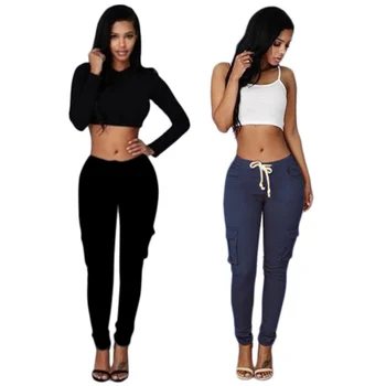 

Korean Women Pants Long Slim Straight High Waist Pocket Drawstring With Solid Color Casual Pants Harem Sports Pants W1