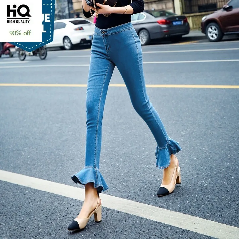 

Autumn Winter Women Fashion Ruffles Flared Jeans Boot Cut Bell Bottom Jeans Denim Female Trousers Cute Flare Slim Denim Pants