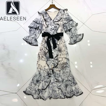 

AELESEEN Runway Fashion Trumpet Dress 2020 High Quality Half Butterfly Sleeve Flower Print Ruffles Lace Patchwor V-Neck Dress