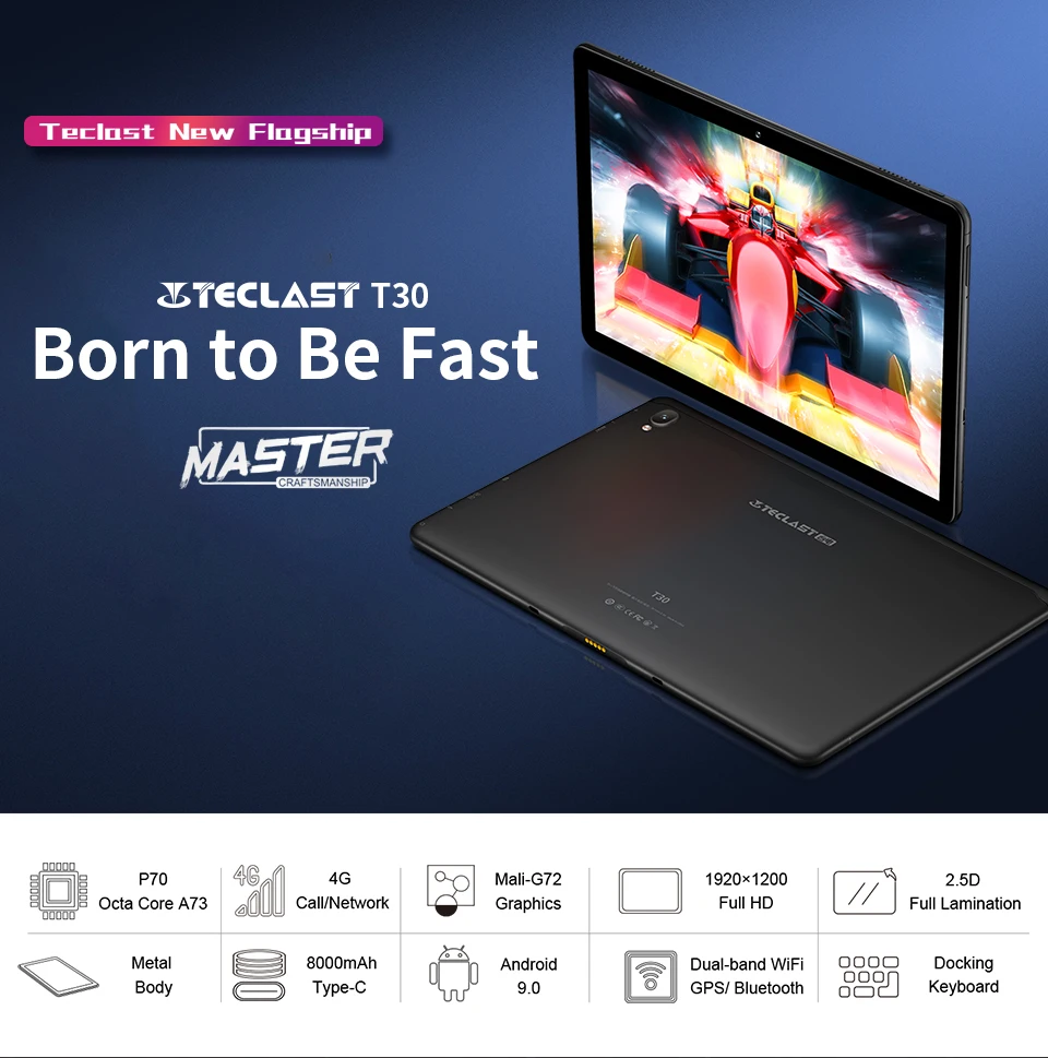 Планшеты Teclast T30, 4G Phablet, 10,1 дюймов, 1920 × 1200, Android 9,0, планшетный ПК, 4 Гб ОЗУ, 64 Гб ПЗУ, Восьмиядерный процессор MTK P70, 8000 мАч, type C