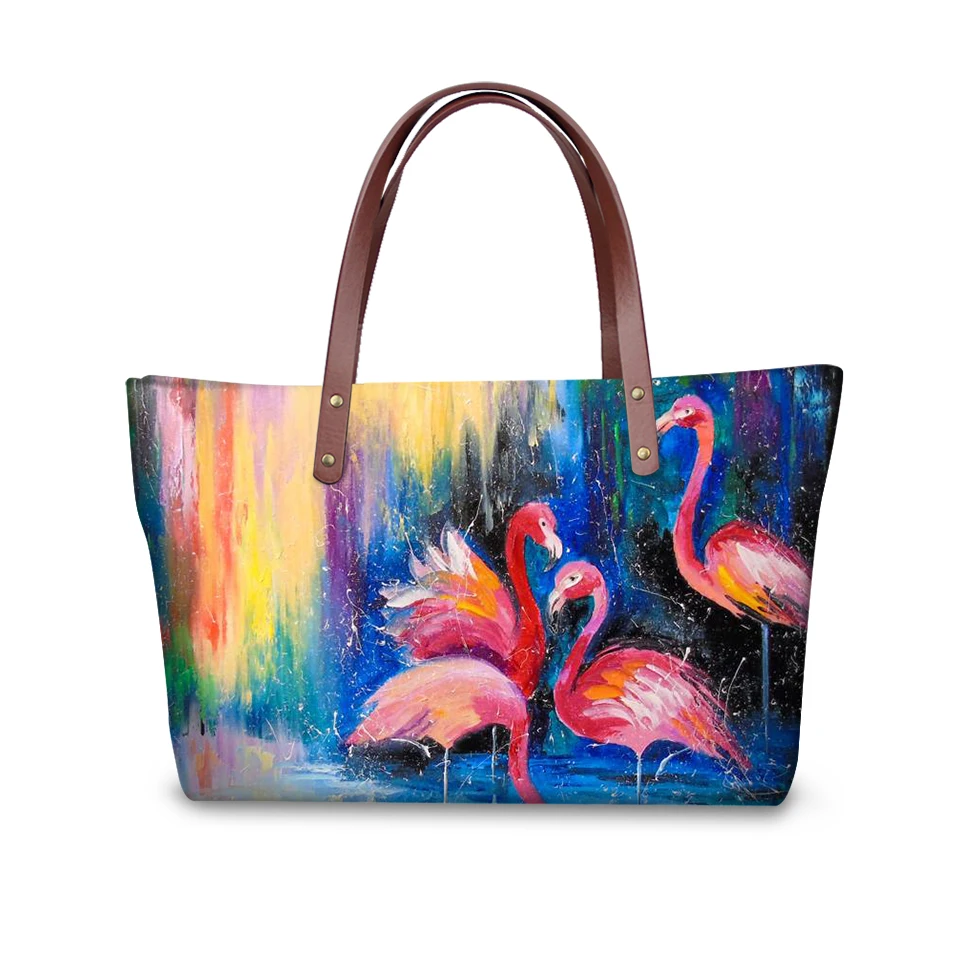 

HaoYun Women's Totes Handbag Cartoon Animal Pattern Girls Shoulder Bags Arts Flamingos Painting Large Capacity Ladies Purse Bags