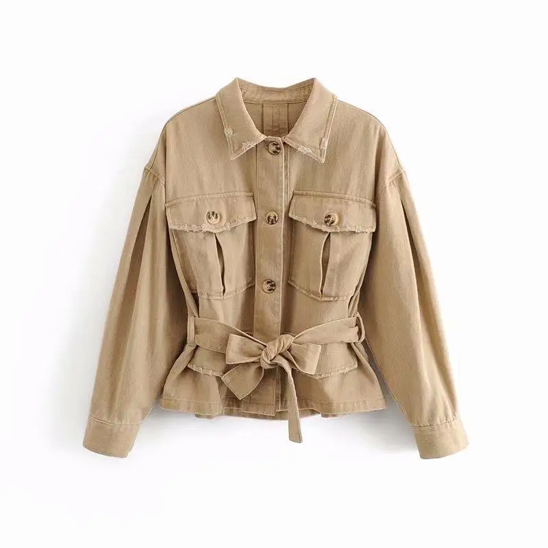 

Women Autumn Winter Casual Pockets Denim Jacket Long Sleeve Belt Jeans Coat Slim Waist Turn-Down Collar Short Coat