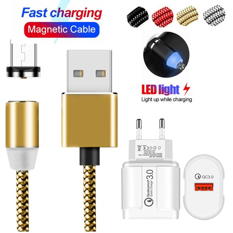 Магнитный USB LED Type C Micro кабель для быстрой зарядки Huawei Y3 Y5 Y7 2017 Y6 Prime 2018 P20 lite 2019 P30