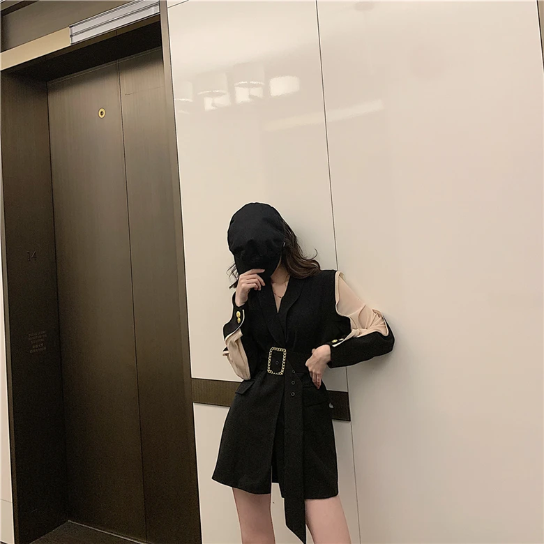 Для фотосессии 5216# шифоновое соединение с длинным рукавом, свободный крой, для похудения, металлический пояс, костюм, средней длины, Женское пальто, осень