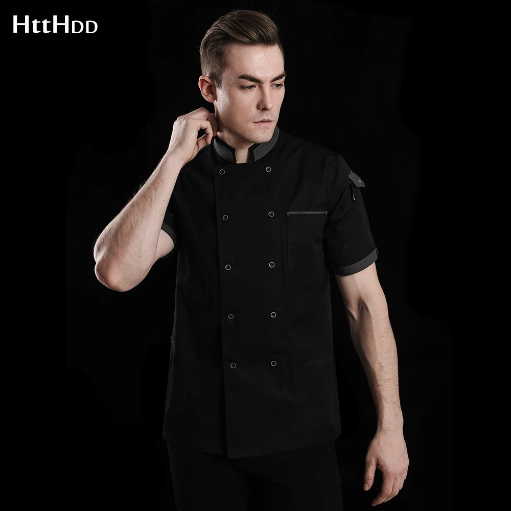 

customizable Unisex Breathable Short Sleeve Professional Chef Uniform cooking Jacket Bakery Chef Grey neckline working Uniform