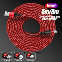 Long Fast Charging Cable Nylon Braided Tin Plated Copper For IOS/Android Phone Lightning/Type C/Micro USB Extra 5m/8m Cable