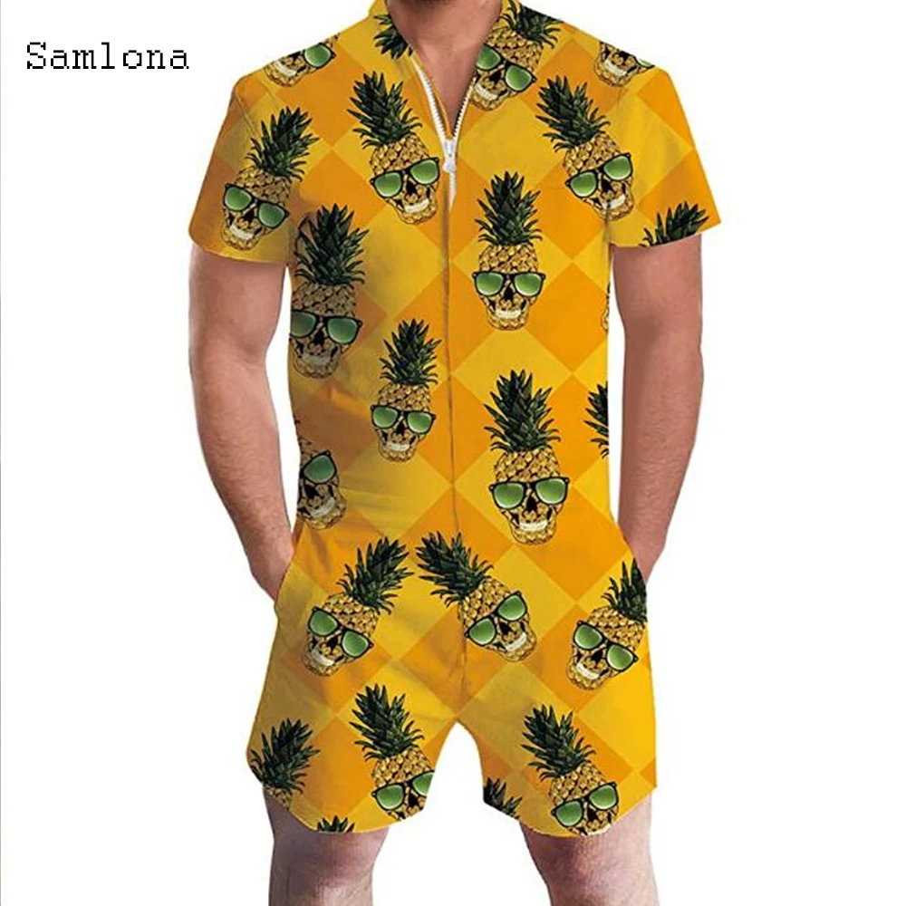 

3D Funny Fruit Graphic Print Rompers Men Summer Casual zipper One Piece Outfits Short Sleeve Jumpsuit Mens Playsuit Overalls