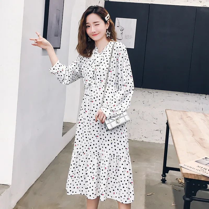 

2019 Spring Polka Dot Printed Bow Long Pregnant Women Nursing Dress Autumn Clothing Skirt Women's 3-9 Months