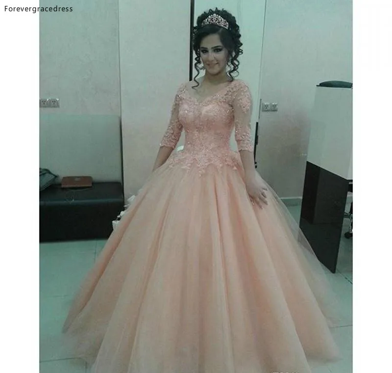2016 Coral New Sweet 16 Quinceanera Dresses V-neck Sheer Long Half Sleeves Lace Appliques Beaded Long Ball Gown Cheap Prom Pageant Dresses 138