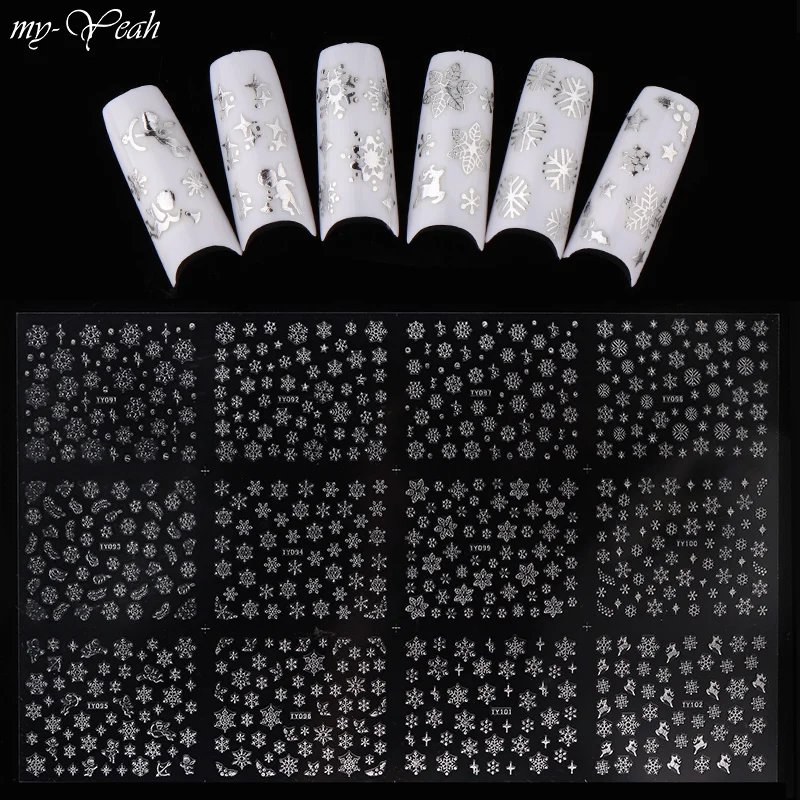 

12Styles/Sheet Nail Art Sticker Silver Christmas Snowflake Self-Adhesive Sticker Winter Xmas Pattern Manicure Decals Decor