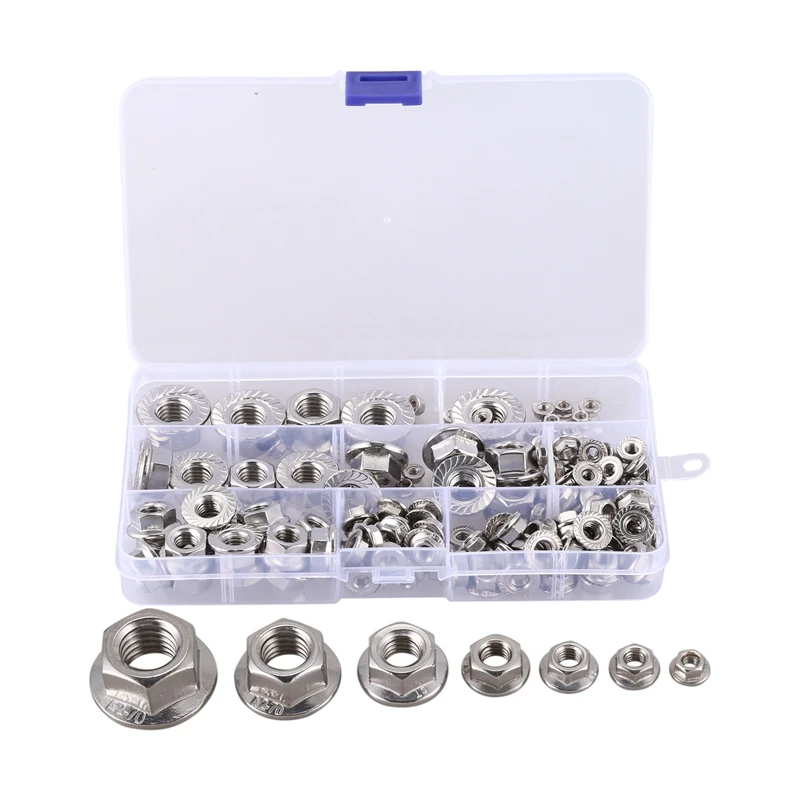 

150Pcs Stainless Steel Serrated Hex Flange Nuts Flange Metric Hex Lock Nuts Assortment Kit (M3 M4 M5 M6 M8 M10 M12)