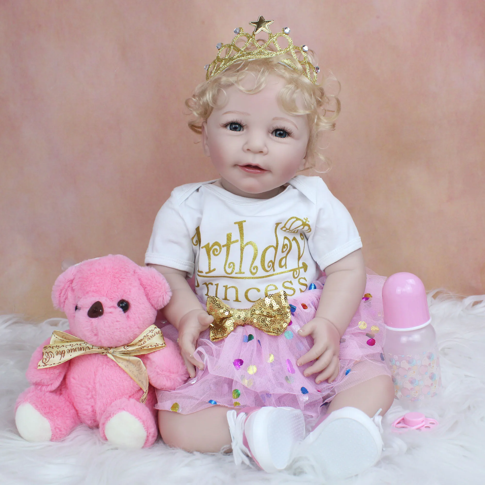55 CM Soft Silicone Baby Reborn Doll Toy Lifelike For Girl Cloth Body Realistic 22 Inch Blonde Hair Toddler Princess Bebe 2